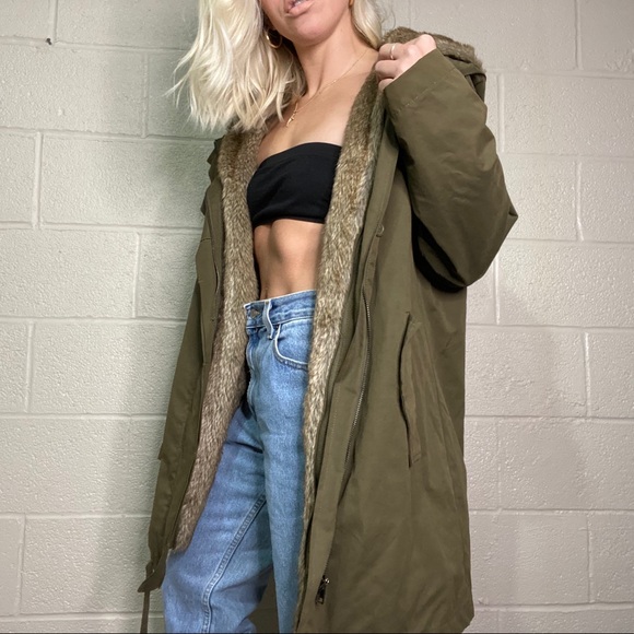 Army Green Long Fur Winter Jacket - Picture 4 of 8